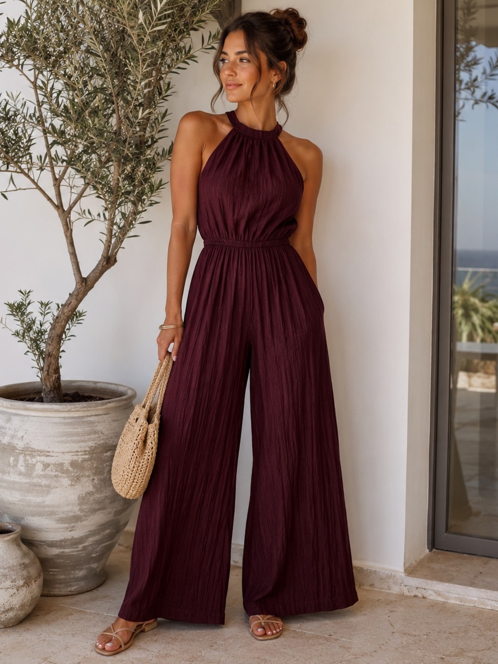 Oysho Silk-Feel Burgundy Crinkle Halter Neck Wide Leg Jumpsuit Size S